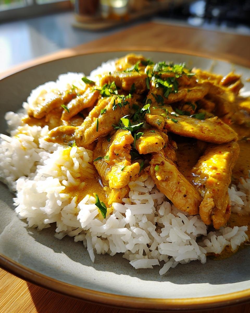 Eine Portion Curry-Geschnetzeltes mit Reis, garniert mit frischer Petersilie.