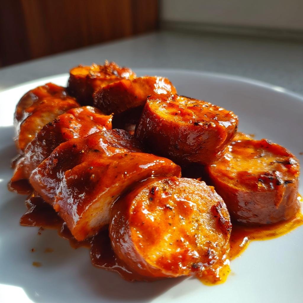 Nahaufnahme von geschnittener Currywurst mit reichlich Soße, perfekt zum Currywurst selber machen.