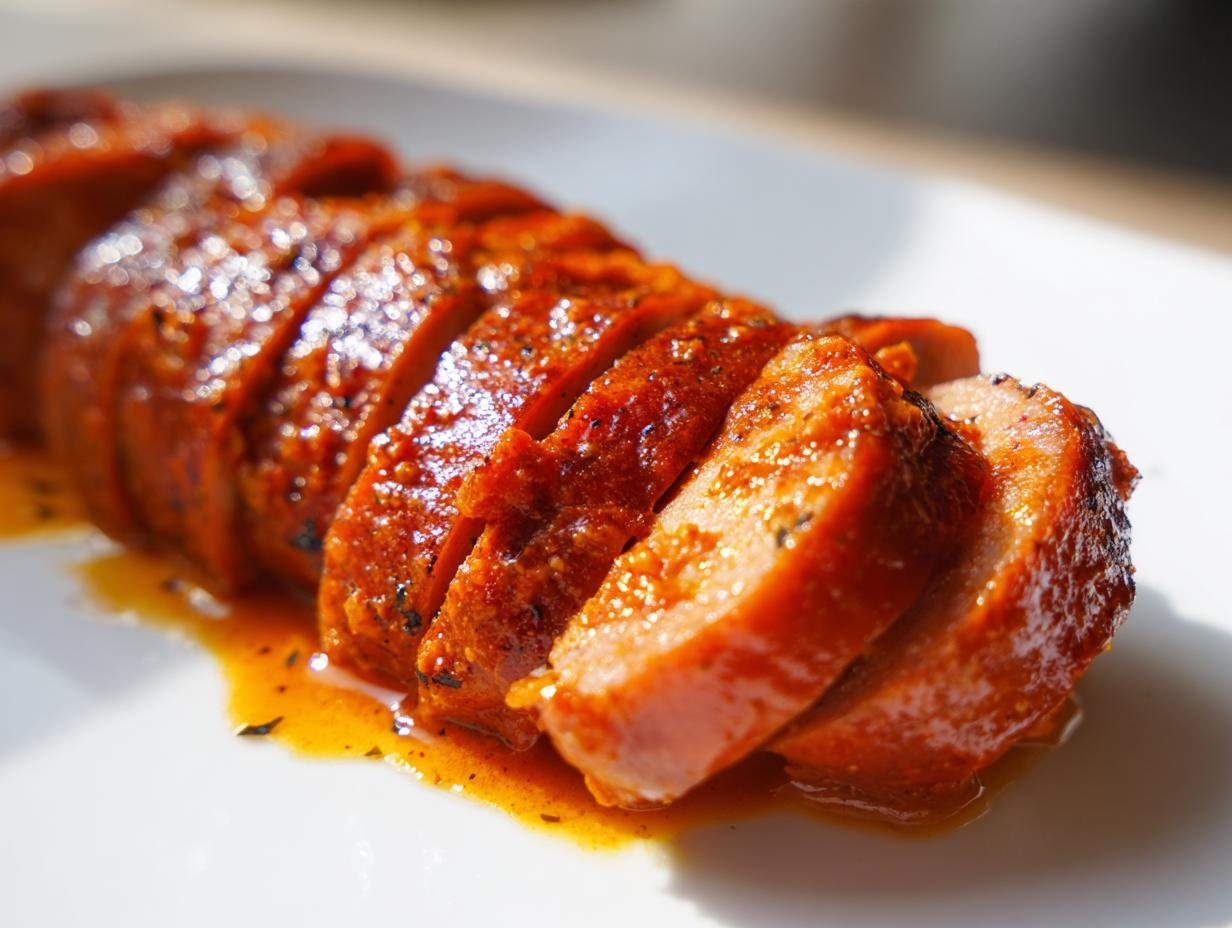 Eine aufgeschnittene Currywurst mit glänzender Soße, perfekt zum Currywurst selber machen.