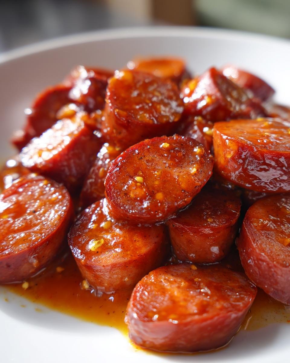 Nahaufnahme von geschnittener Currywurst in einer würzigen Soße, perfekt zum Currywurst selber machen.