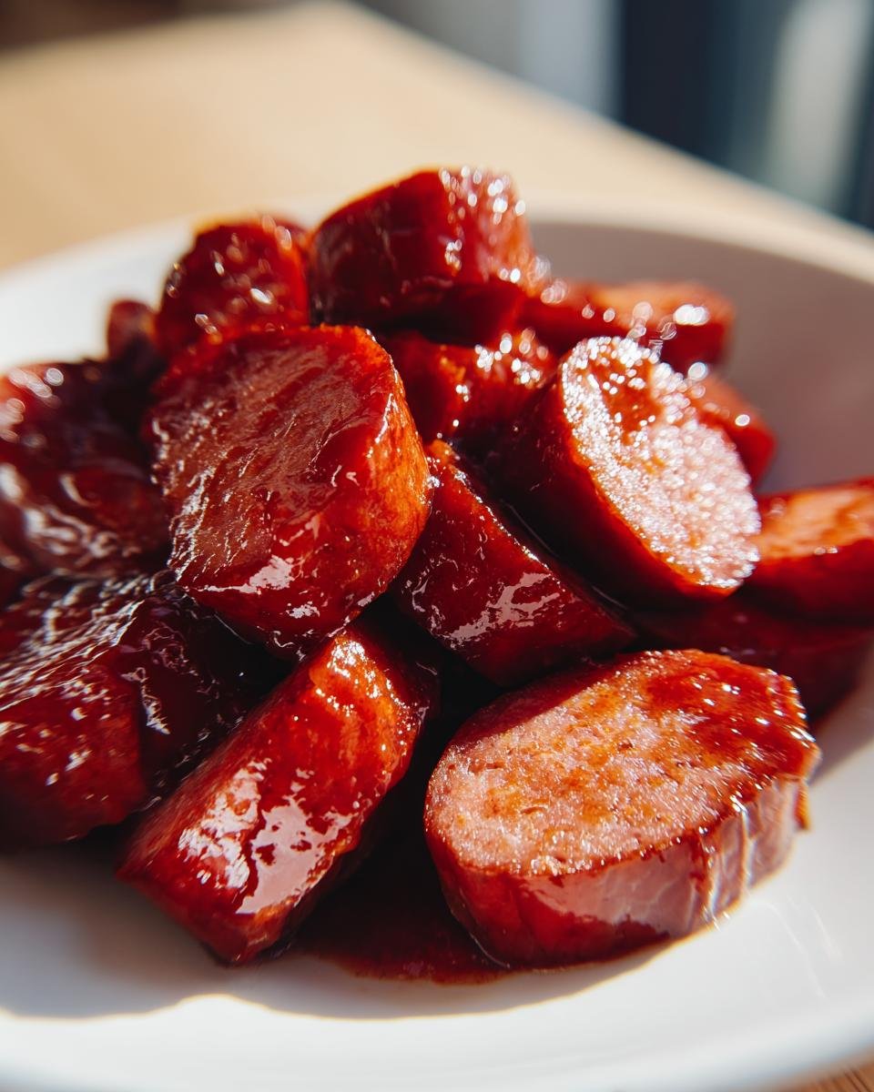 Nahaufnahme von geschnittener Currywurst in einer glänzenden, roten Soße, perfekt zum Currywurst selber machen.