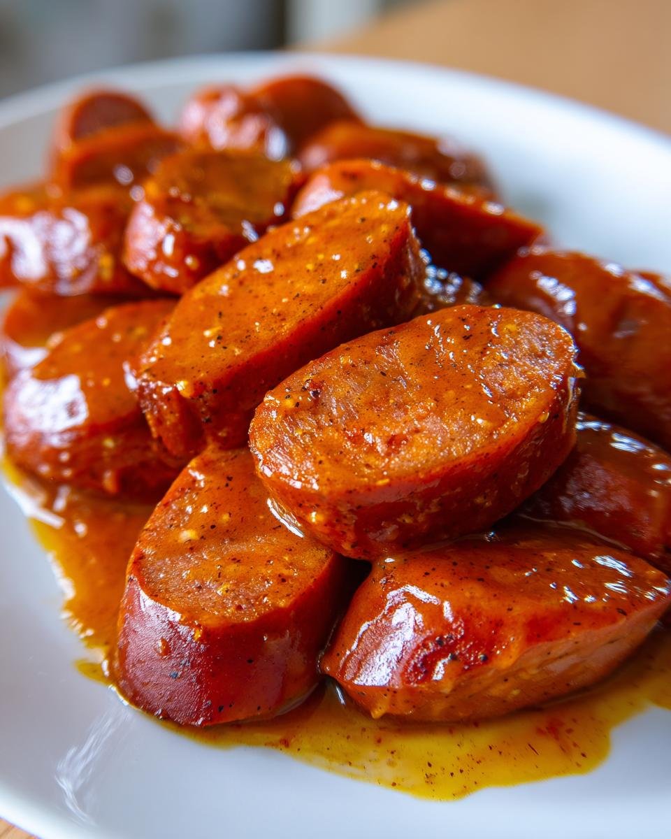 Nahaufnahme von geschnittener Currywurst in einer würzigen Soße, perfekt zum Currywurst selber machen.