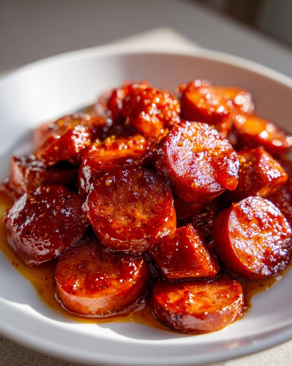 Nahaufnahme von geschnittener Currywurst in einer glänzenden, würzigen Soße, perfekt zum Currywurst selber machen.
