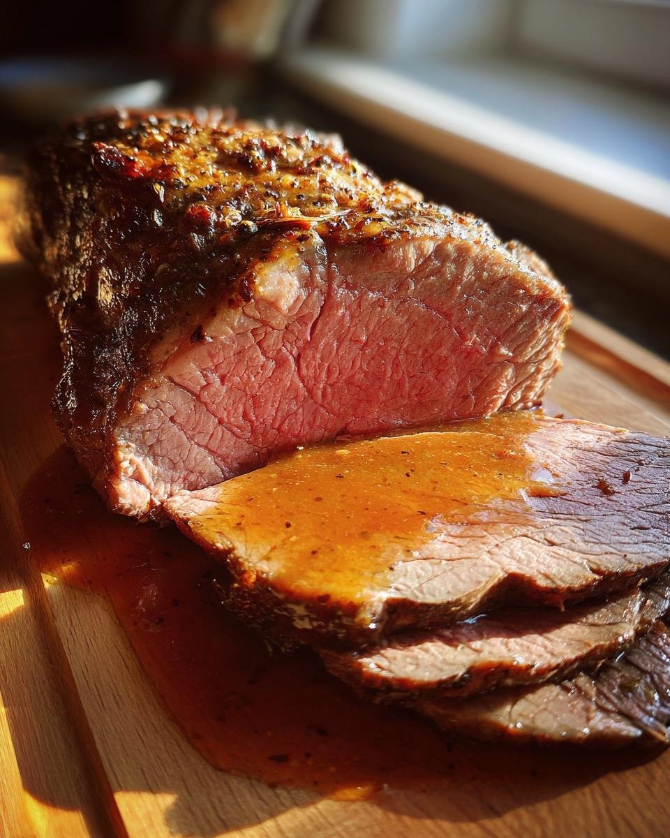 Anschnitt von Der einfachste Weihnachtsbraten der Welt, saftig und mit Sauce übergossen.