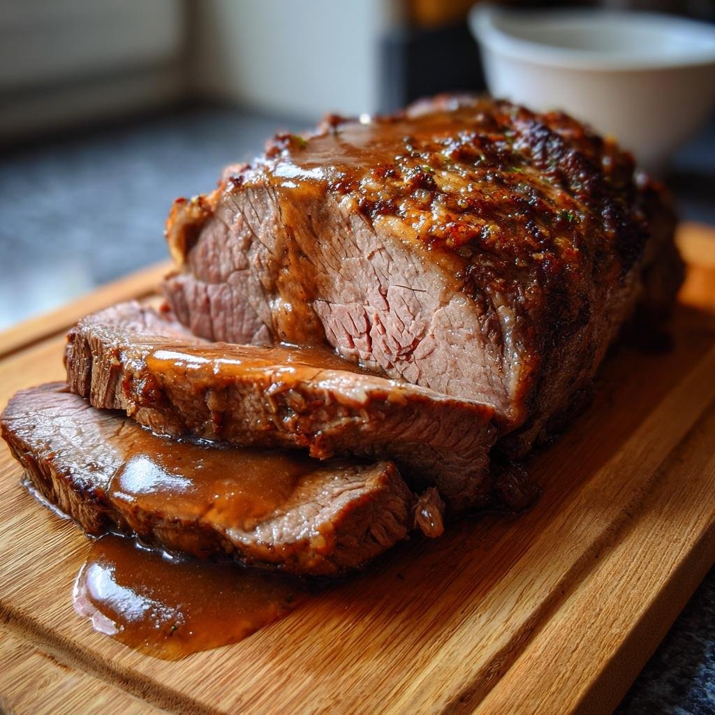 Ein saftiger, aufgeschnittener Weihnachtsbraten mit reichlich Soße, präsentiert auf einem Holzbrett.