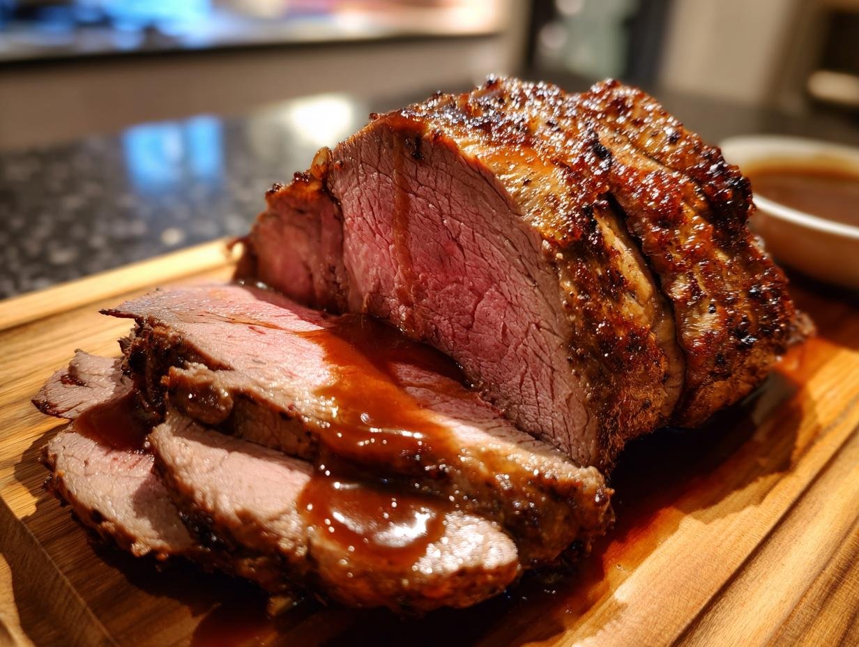 Ein saftiger, aufgeschnittener Weihnachtsbraten, beträufelt mit Soße, perfekt für den einfachsten Weihnachtsbraten der Welt.