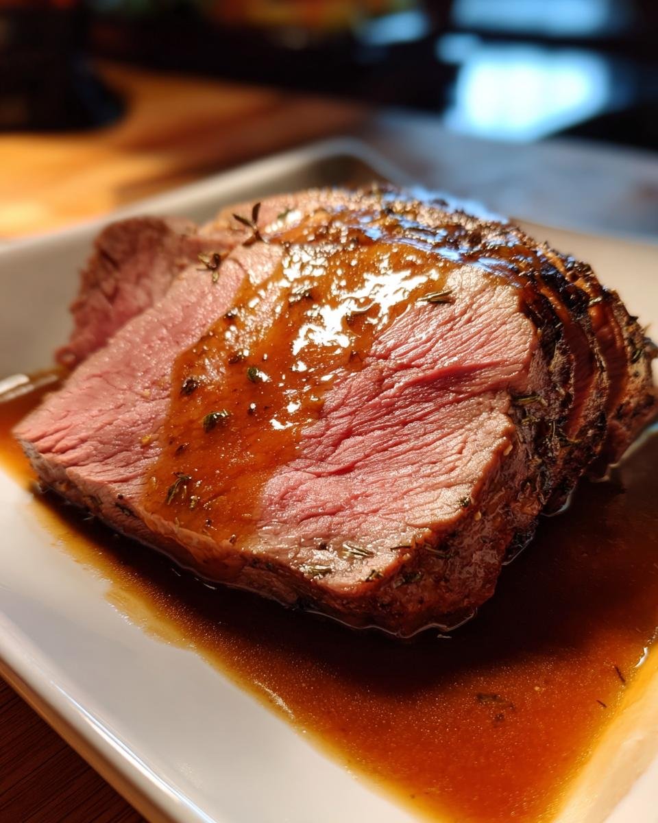 Ein saftiger Braten, übergossen mit Bratensauce, ist angeschnitten und auf einem Teller serviert. Der einfachste Weihnachtsbraten der Welt.