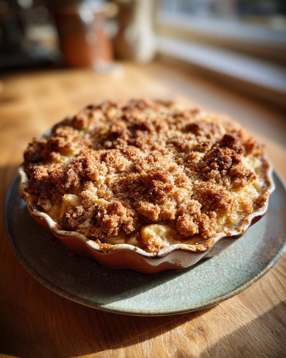 Dessert-Idee: Bratapfel Crumble auf Zimtcreme in einer Auflaufform, goldbraun gebacken.