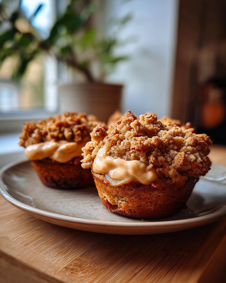 Zwei Bratapfel Crumble Muffins mit Zimtcreme auf einem Teller, perfekt für eine Dessert-Idee.