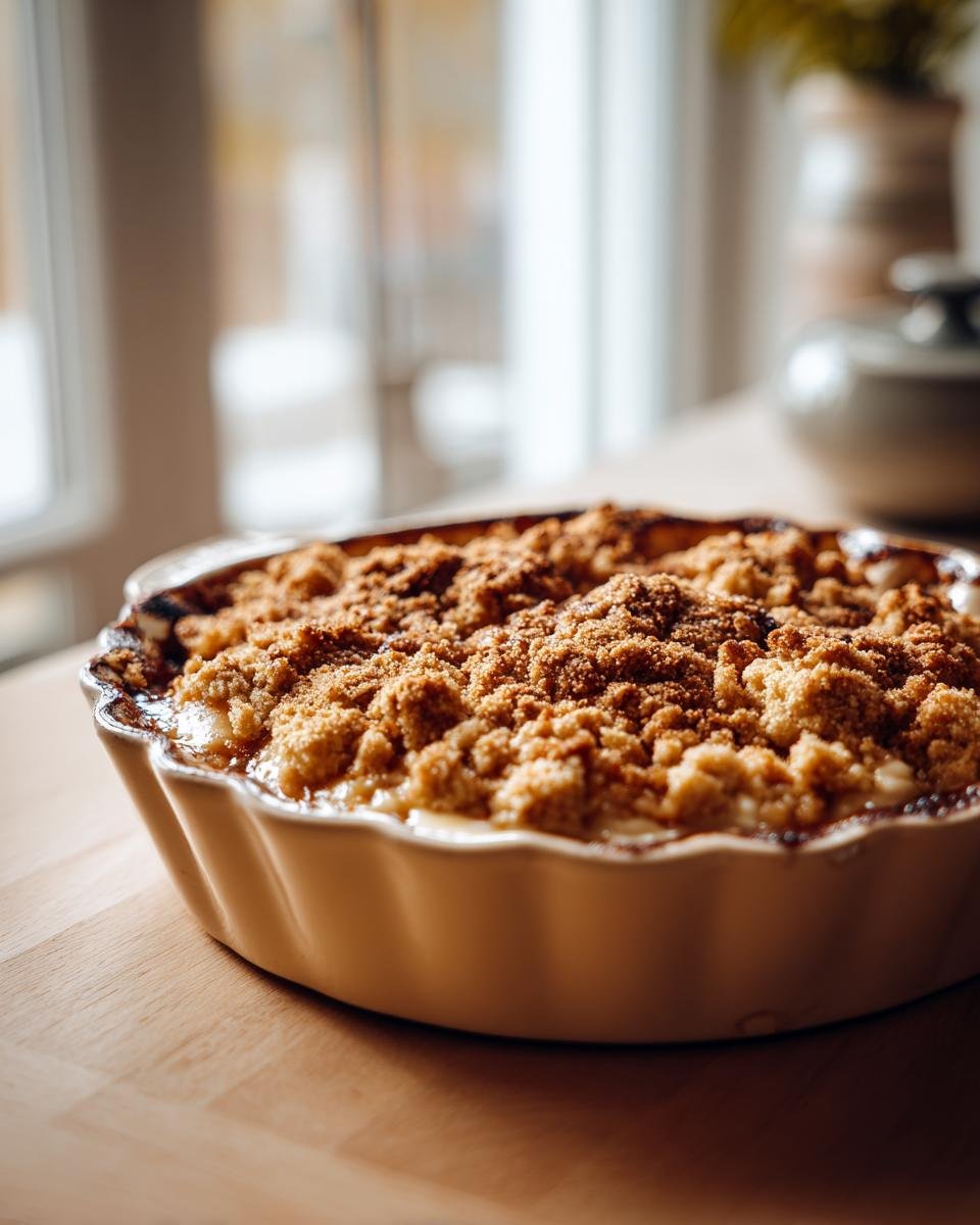 Bratapfel Crumble auf Zimtcreme in einer Auflaufform, goldbraun gebacken und bereit zum Servieren.