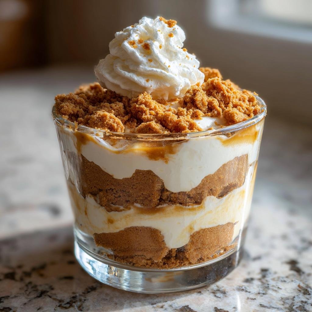 Ein köstliches Dessert mit Spekulatius, geschichtet mit Creme und Sahne, garniert mit Spekulatiuskrümeln und Schlagsahne.