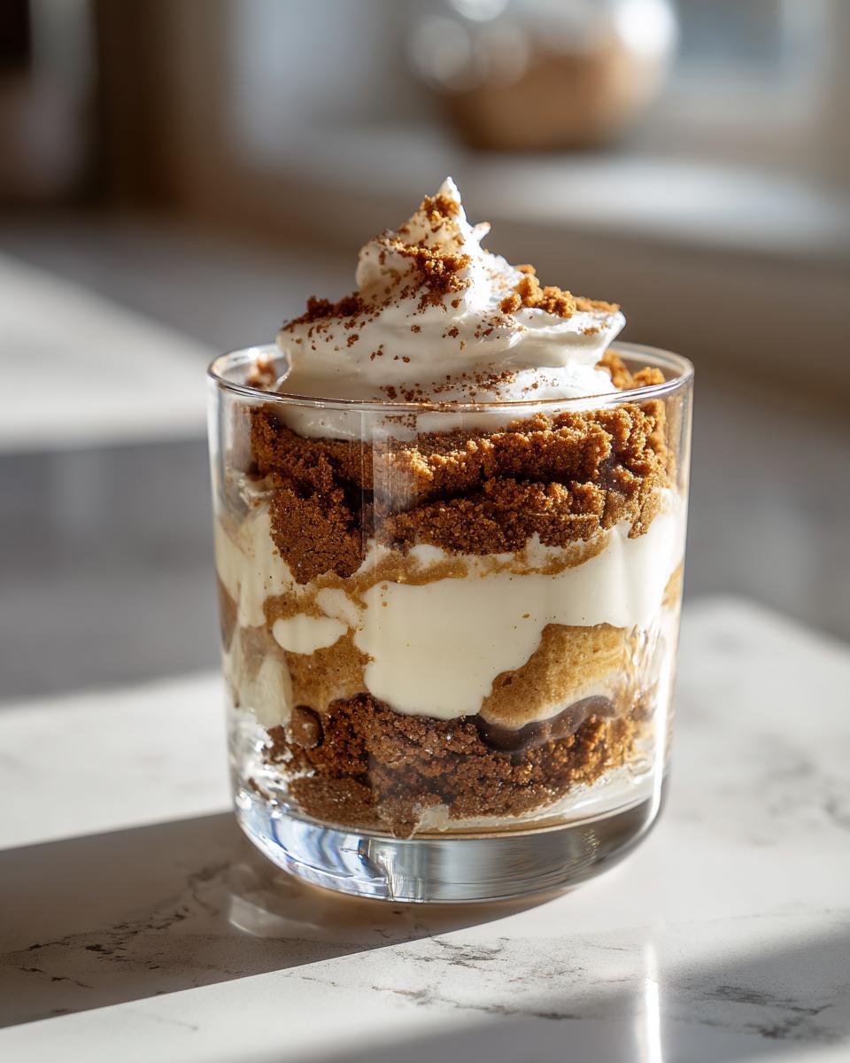 Ein Dessert mit Spekulatius, Schichten von zerbröseltem Spekulatius und Creme, gekrönt mit Schlagsahne.