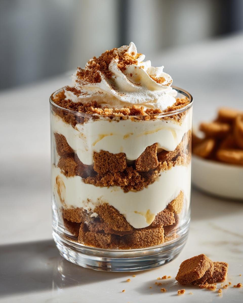 Schichtdessert mit Spekulatius und Sahne in einem Glas, garniert mit Spekulatiuskrümeln.