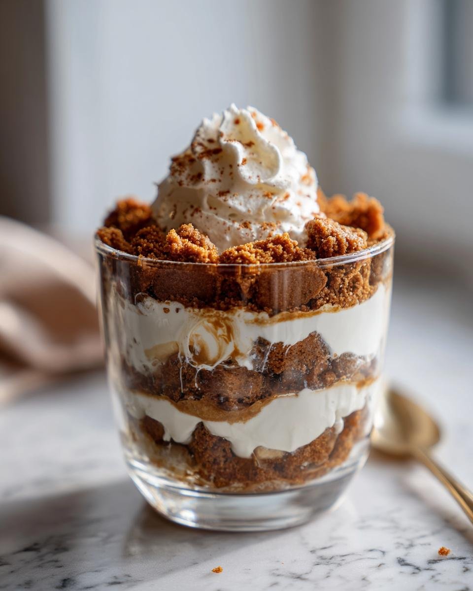 Ein einzelnes Glas Dessert mit Spekulatius, geschichtet mit Sahne und Spekulatius-Krümeln, gekrönt mit Schlagsahne.