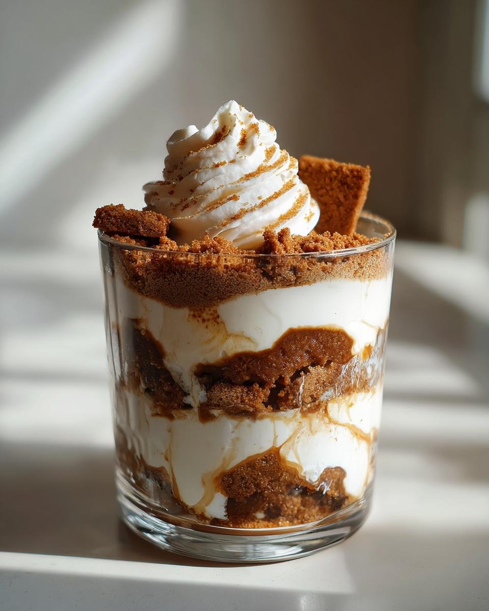 Schichtdessert mit Spekulatius, Sahne und Karamell in einem Glas, garniert mit Schlagsahne.