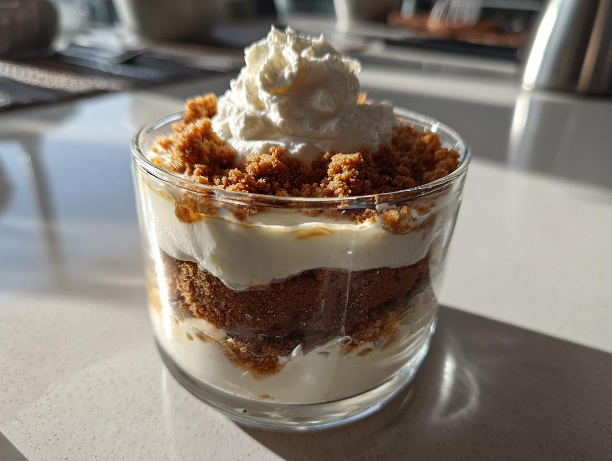 Ein Dessert mit Spekulatius im Glas, geschichtet mit Creme und Spekulatius-Krümeln, gekrönt mit Schlagsahne.
