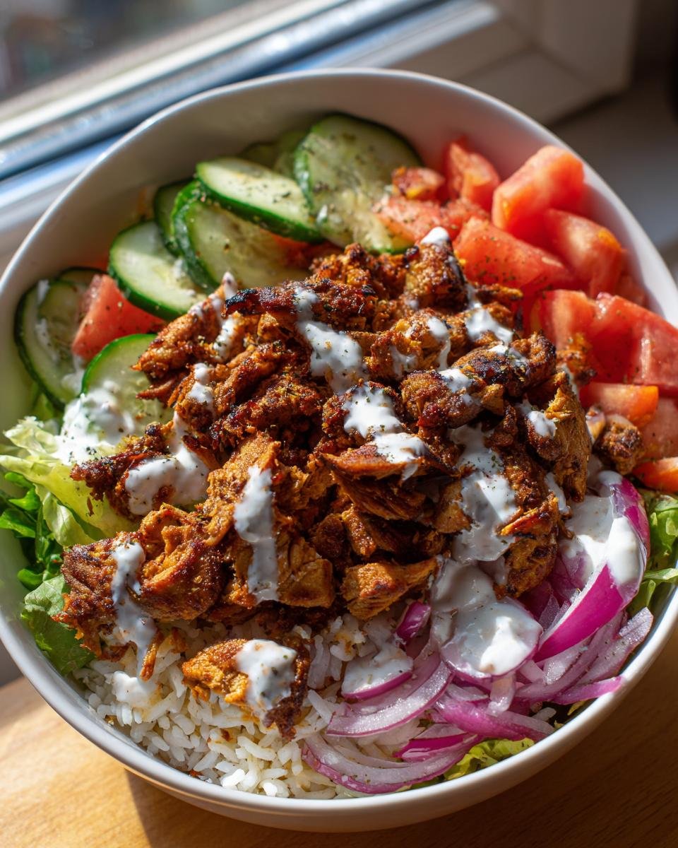 Eine Döner-Bowl mit Hähnchen, Reis, Salat, Tomaten, Gurken und Zwiebeln, beträufelt mit Sauce.