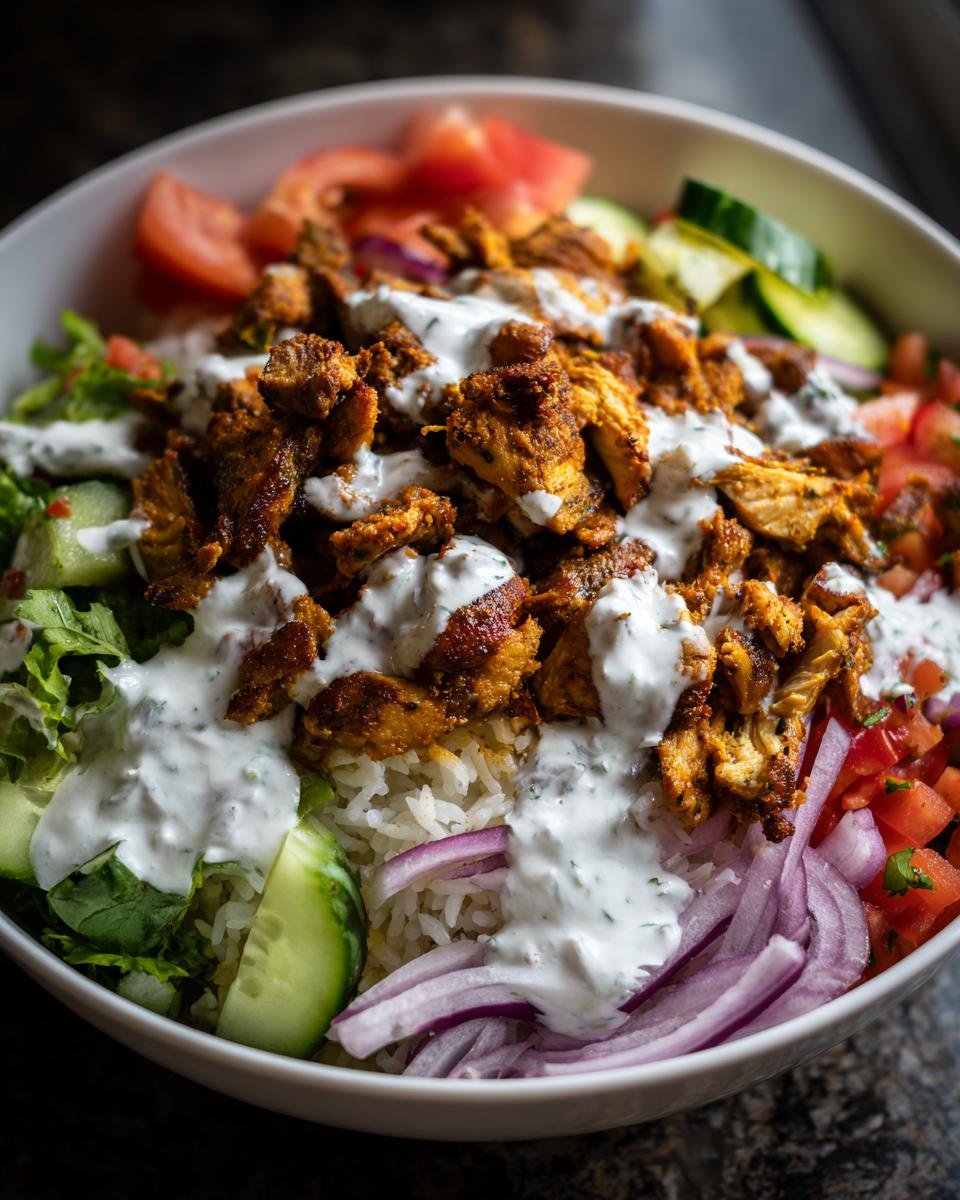Nahaufnahme einer Döner-Bowl mit Hähnchen, Reis, Tomaten, Gurken und Zwiebeln, beträufelt mit Joghurt-Dressing.
