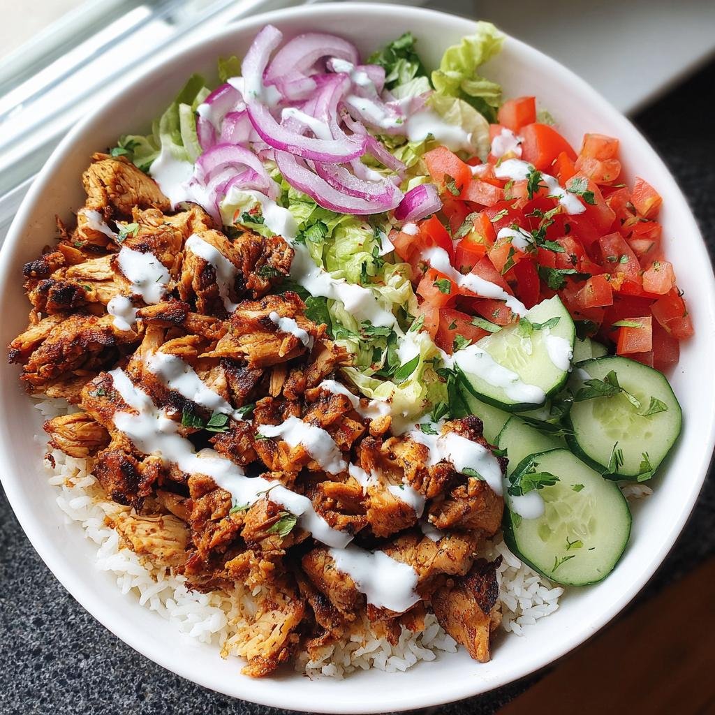 Eine Döner-Bowl mit Hähnchen, Reis, Salat, Tomaten, Gurken und Zwiebeln, beträufelt mit Sauce.