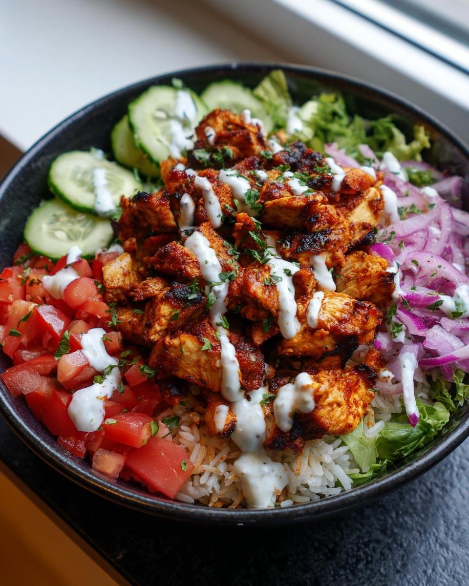 Eine Döner-Bowl mit Hähnchen, Reis, Tomaten, Gurken, Zwiebeln und Sauce.