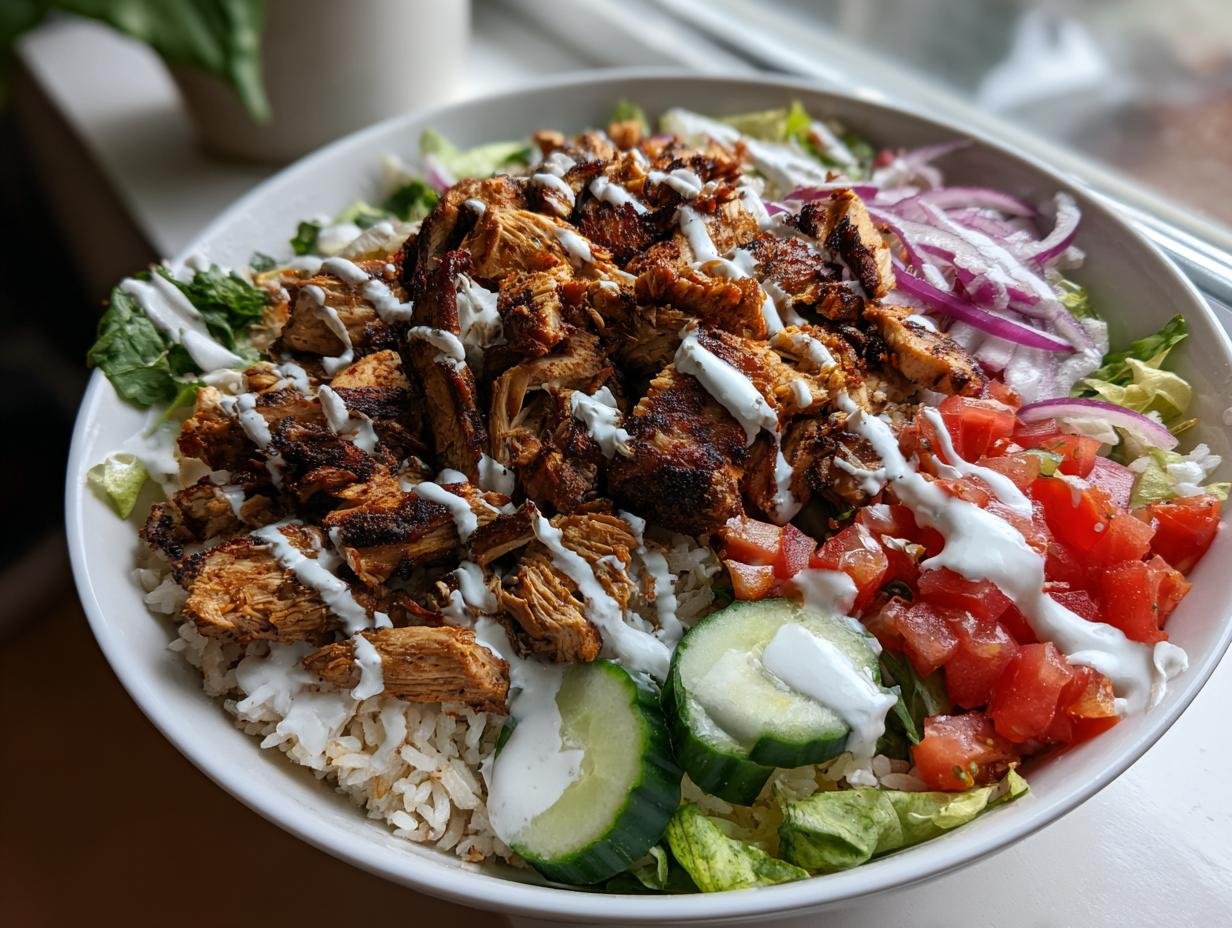 Eine köstliche Döner-Bowl mit Hähnchen, Reis, Salat, Tomaten, Gurken und Zwiebeln, beträufelt mit Joghurtsoße.