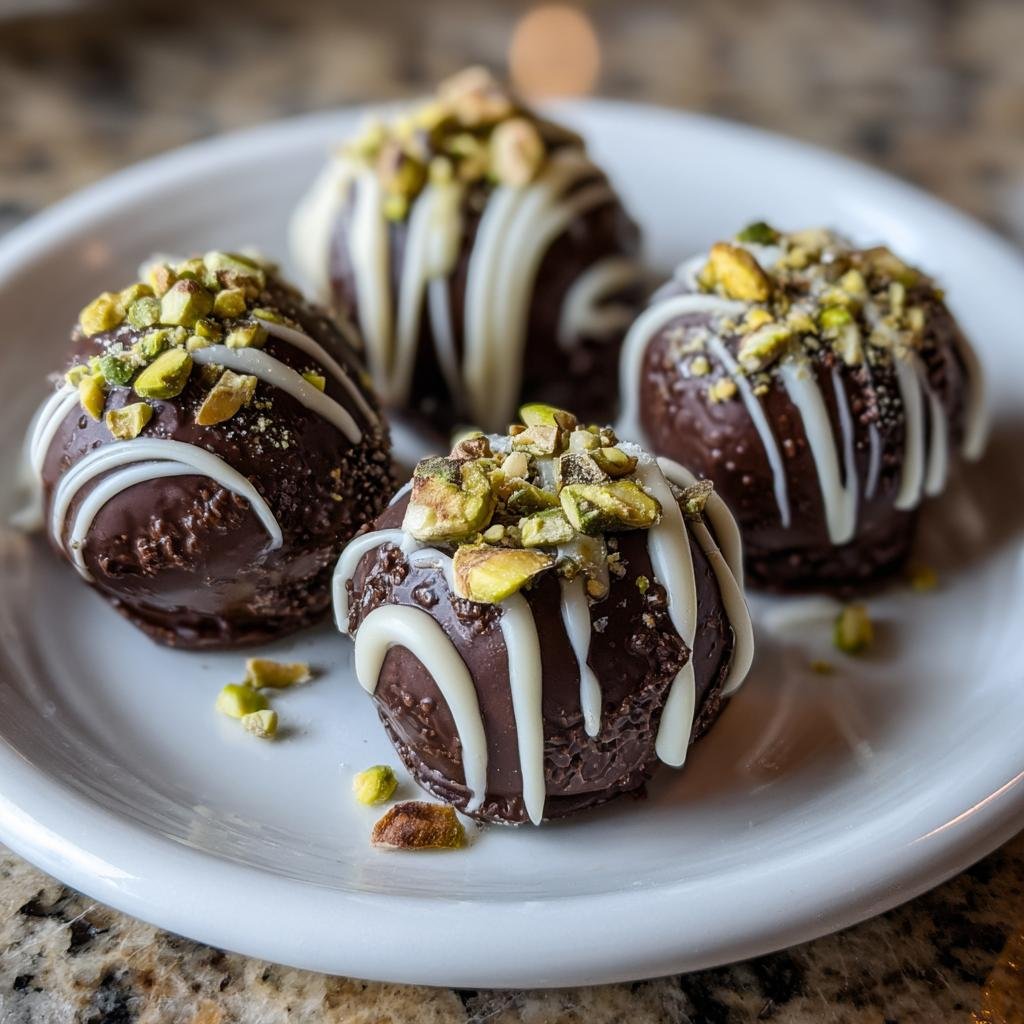 Vier Dubai-Schokoladenpralinen auf einem weißen Teller, verziert mit weißer Schokolade und gehackten Pistazien.