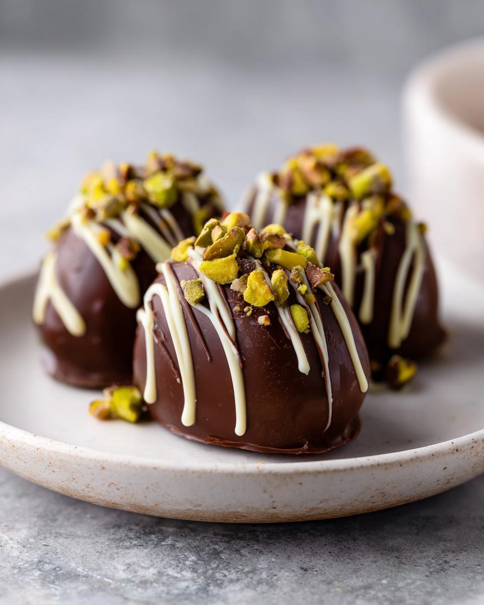 Drei Dubai-Schokoladenpralinen, überzogen mit dunkler Schokolade, weißer Schokoladendekoration und gehackten Pistazien.