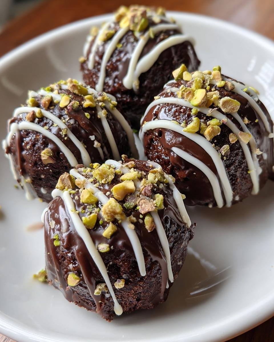 Vier schokoladige Dubai-Schokoladenpralinen, verziert mit weißer Schokolade und gehackten Pistazien.