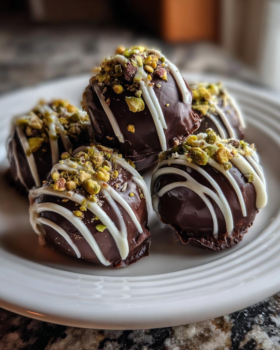Nahaufnahme von Dubai-Schokoladenpralinen, überzogen mit dunkler Schokolade, weißer Glasur und gehackten Pistazien.