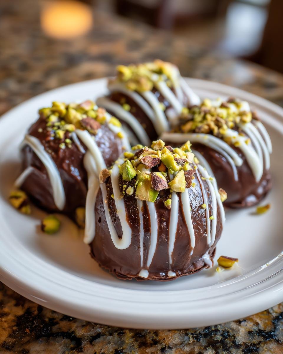 Vier Dubai-Schokoladenpralinen mit weißer Schokoladendekoration und gehackten Pistazien.