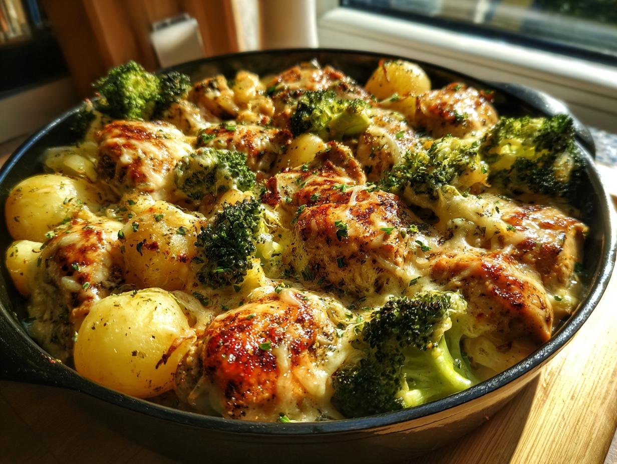 A close-up of an Easy Weihnachtsessen casserole with golden-brown chicken, tender broccoli florets, and small potatoes baked in a creamy cheese sauce.