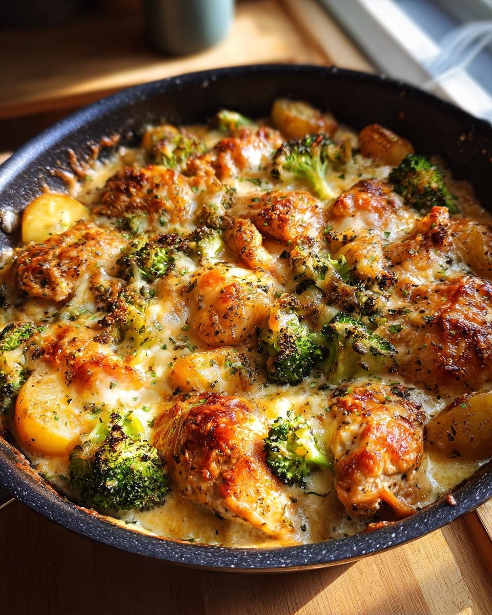 Close-up of a bubbling chicken, broccoli, and potato bake in a pan, perfect for an Easy Weihnachtsessen.