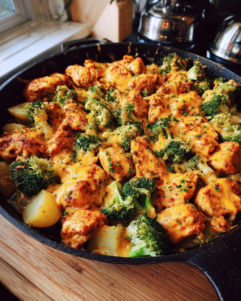 A close-up of an Easy Weihnachtsessen chicken and broccoli casserole in a cast-iron skillet, topped with melted cheese and parsley.