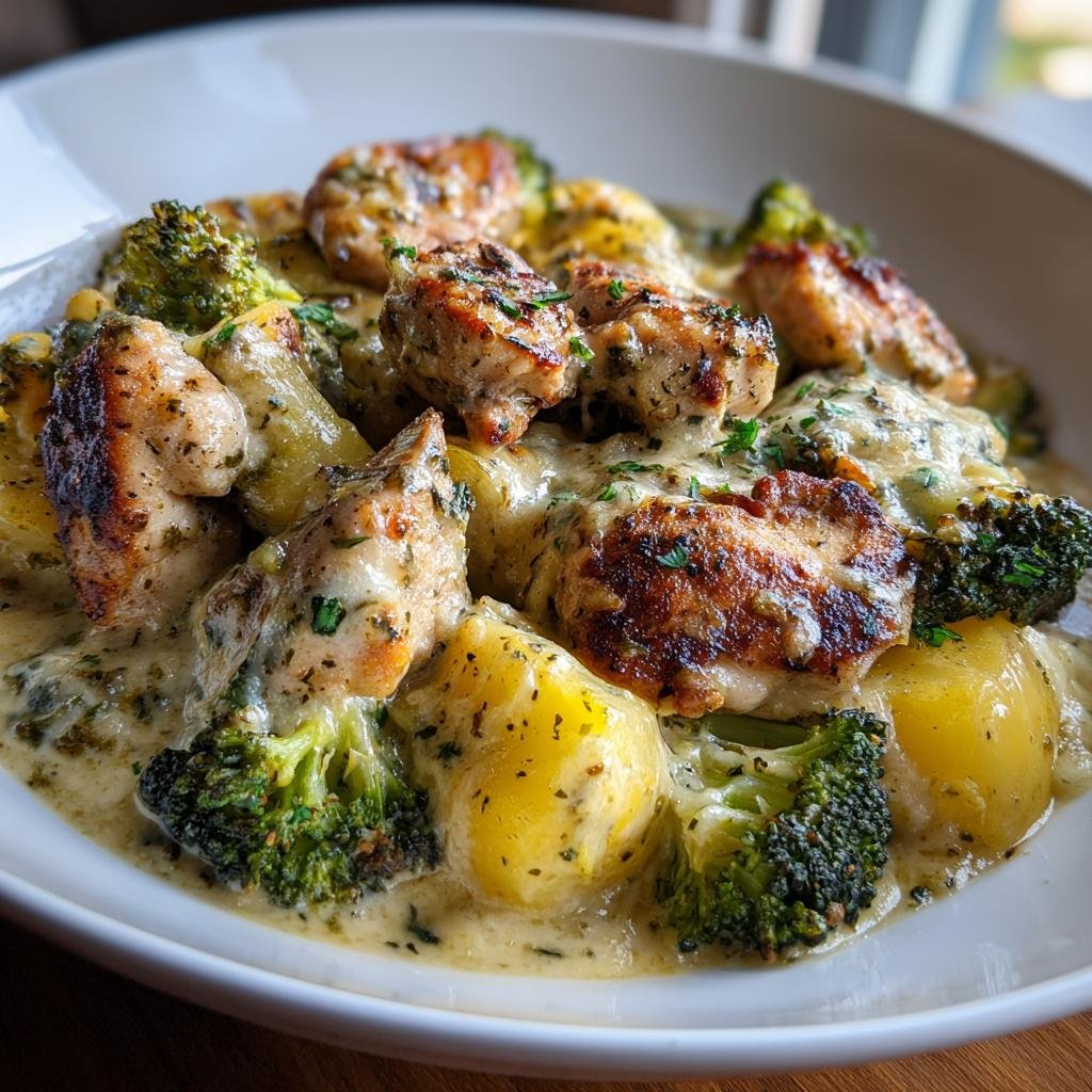 Close-up of a creamy chicken and broccoli casserole, perfect for an Easy Weihnachtsessen.