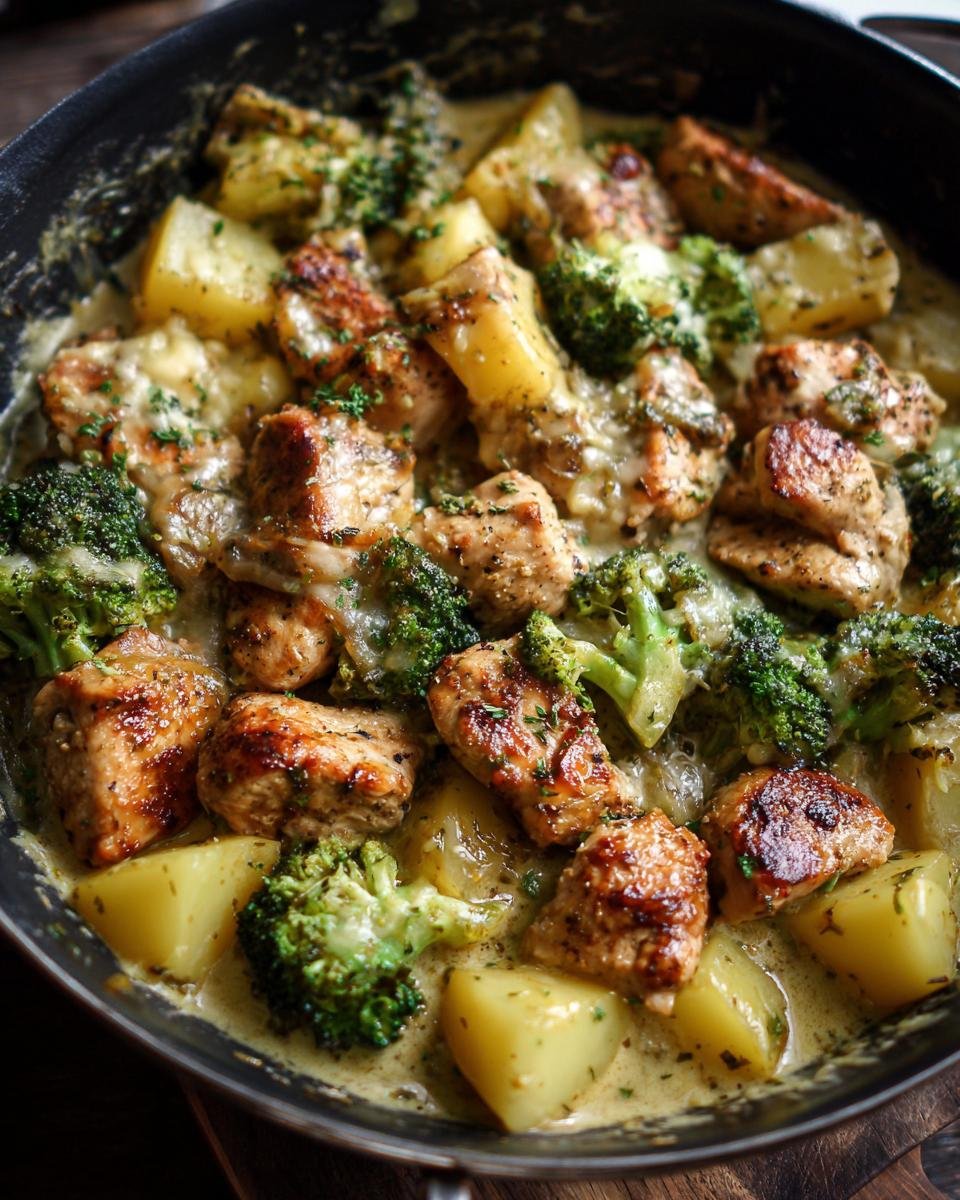 Close-up of a pan filled with an Easy Weihnachtsessen dish: chicken pieces, broccoli florets, and potatoes in a creamy sauce.