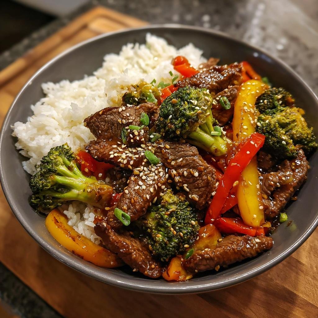 Ein Pfannengericht Teriyaki Rindfleisch mit Reis, garniert mit Sesam und Frühlingszwiebeln.