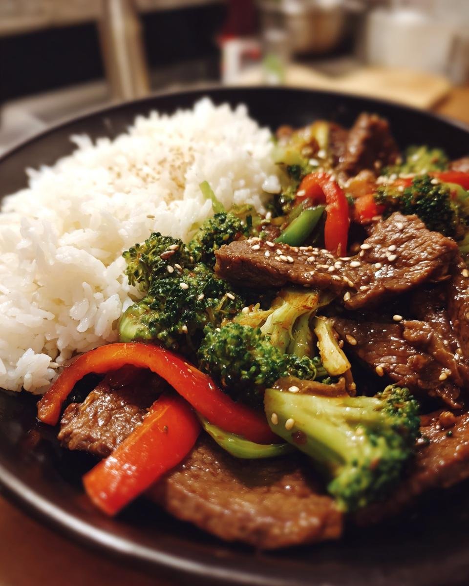 Ein Pfannengericht Teriyaki Rindfleisch mit Reis, serviert mit Brokkoli, Paprika und Sesam.
