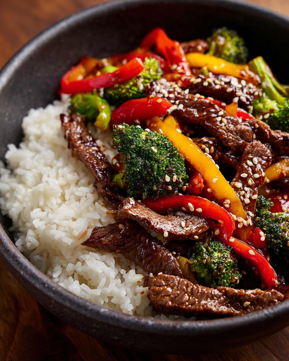 Ein Pfannengericht Teriyaki Rindfleisch mit Reis, serviert mit weißem Reis und garniert mit Sesam.