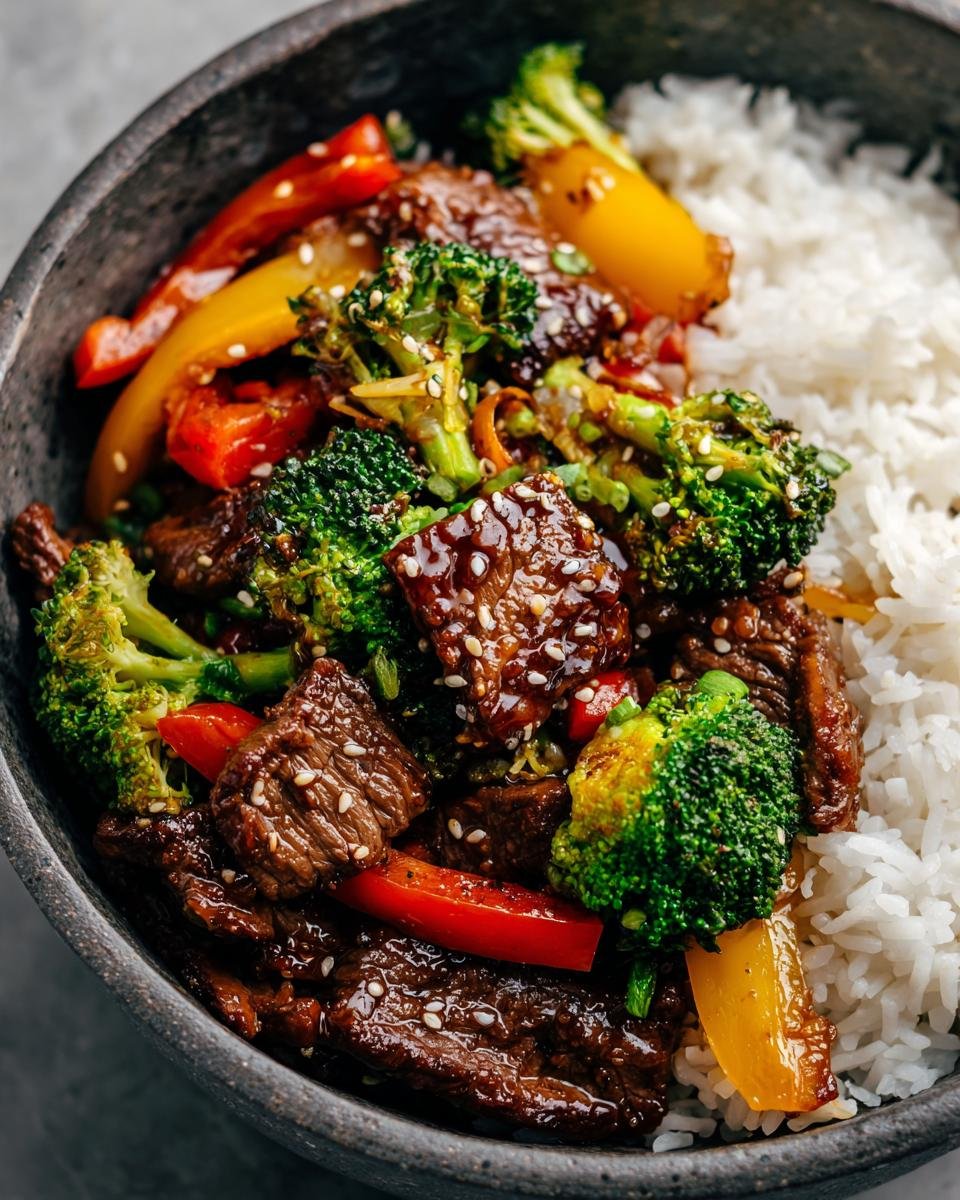 Schüssel mit Ein Pfannengericht Teriyaki Rindfleisch mit Reis, Brokkoli und Paprika.