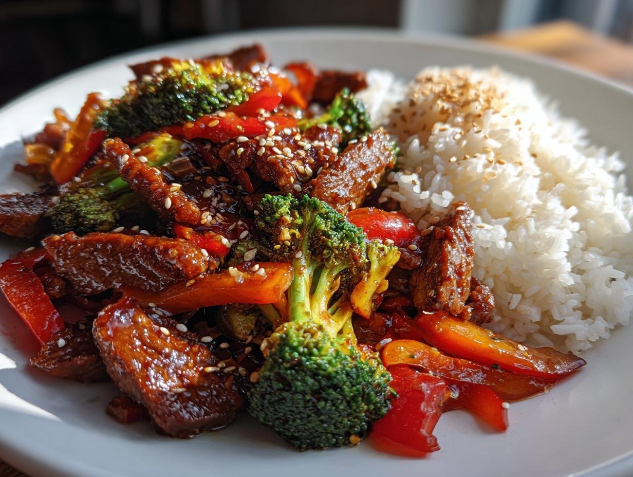 Ein Pfannengericht Teriyaki Rindfleisch mit Reis, serviert mit Brokkoli, Paprika und weißem Reis.
