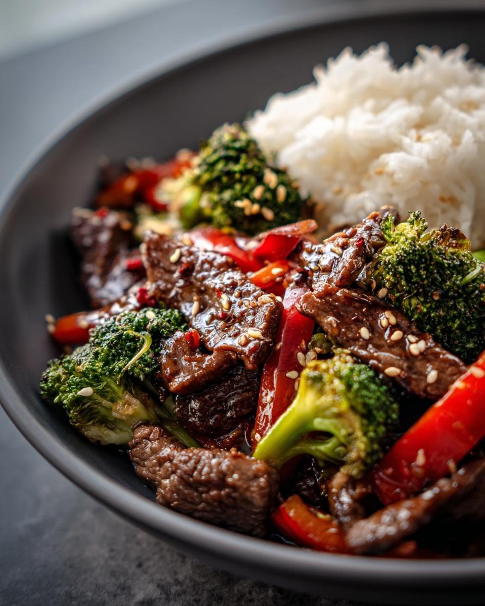 Nahaufnahme eines Pfannengerichts mit Teriyaki Rindfleisch, Brokkoli, Paprika und Reis.