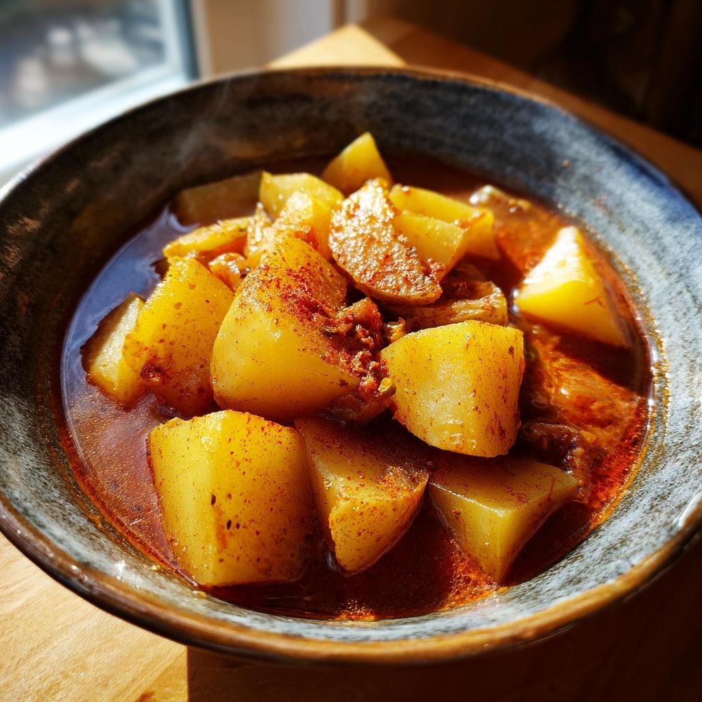 Nahaufnahme von Einfaches Kartoffelgulasch in einer rustikalen Schüssel, garniert mit Paprikapulver.