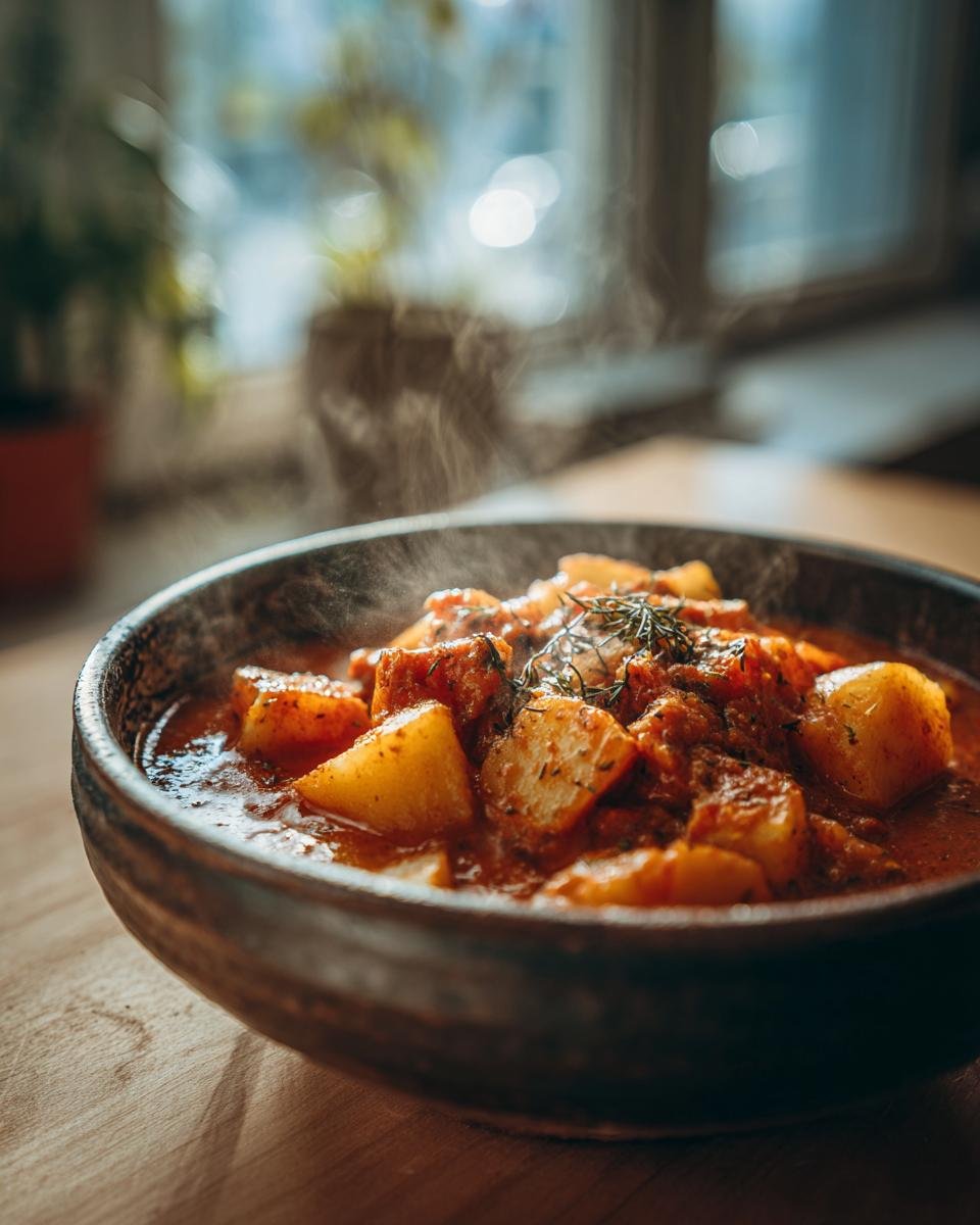 Eine dampfende Schüssel mit Einfaches Kartoffelgulasch, garniert mit Kräutern, auf einem Holztisch.