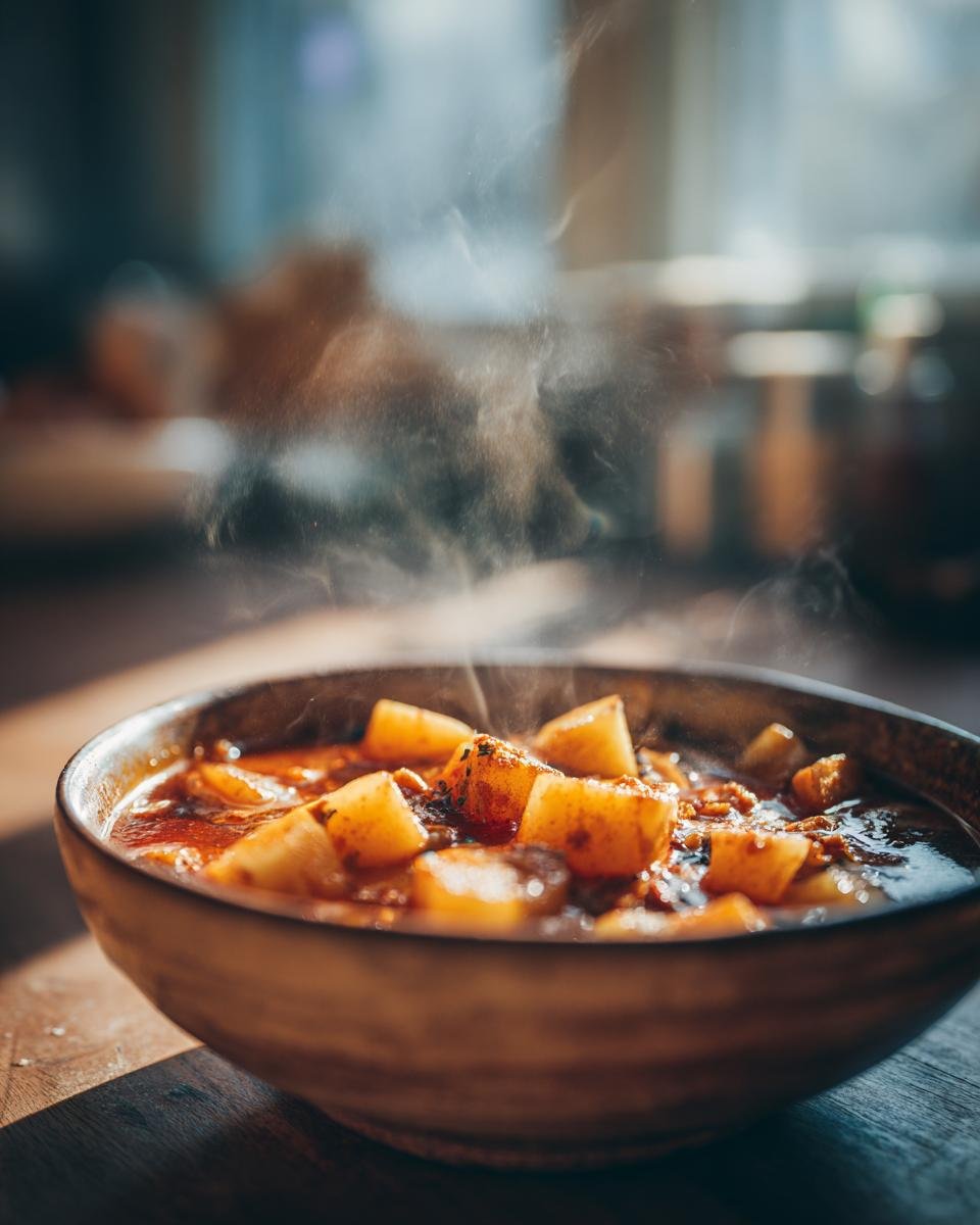 Eine Schüssel mit dampfendem Einfaches Kartoffelgulasch, voller Kartoffelstücke in einer würzigen Sauce.