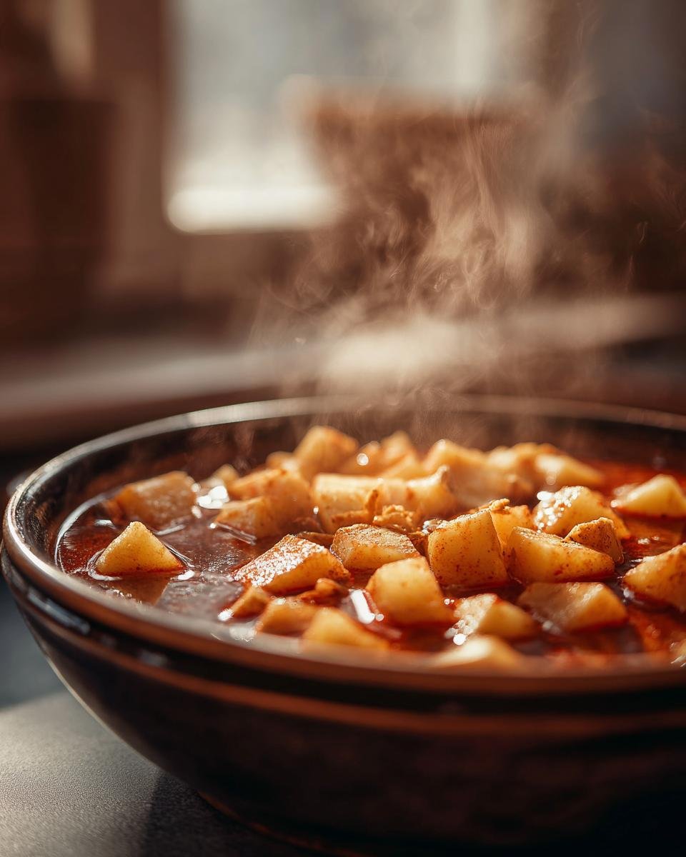 Eine Schüssel mit dampfendem Einfaches Kartoffelgulasch, gefüllt mit Kartoffelstücken in einer würzigen Sauce.