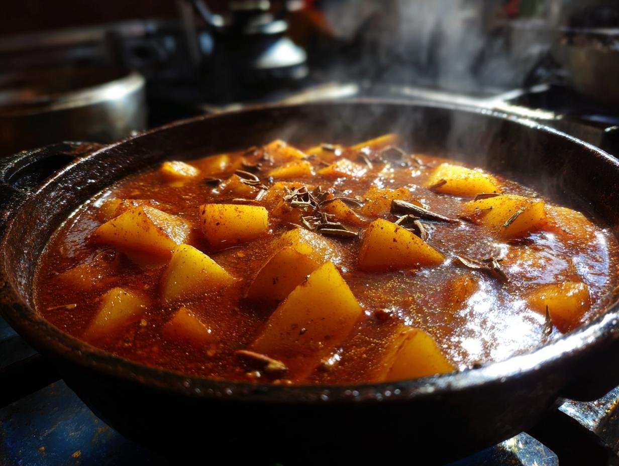 Heißes Einfaches Kartoffelgulasch dampft in einer rustikalen Pfanne, mit Kartoffelstücken in einer würzigen Sauce.