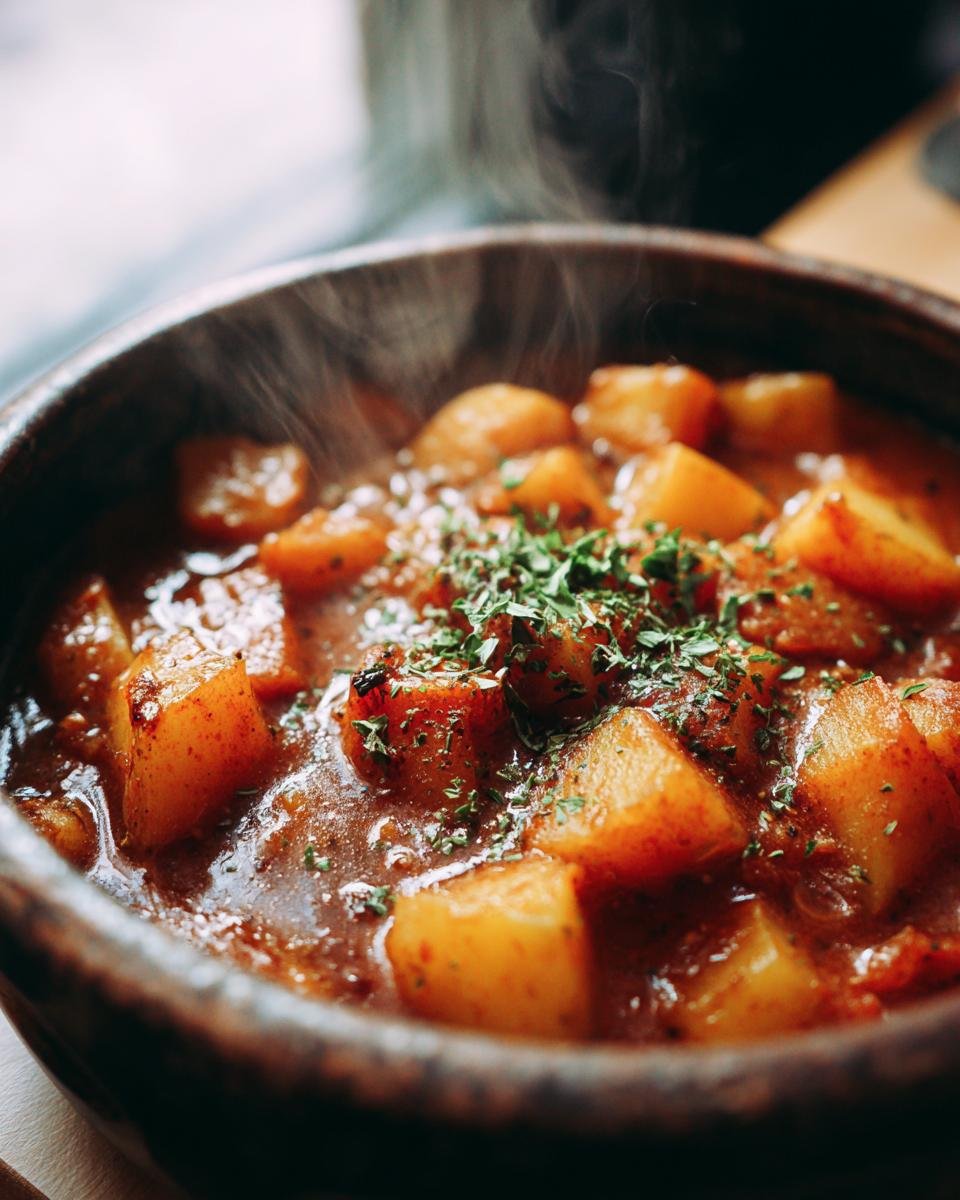 Heißes Einfaches Kartoffelgulasch in einem rustikalen Topf, garniert mit Petersilie und Dampf steigt auf.