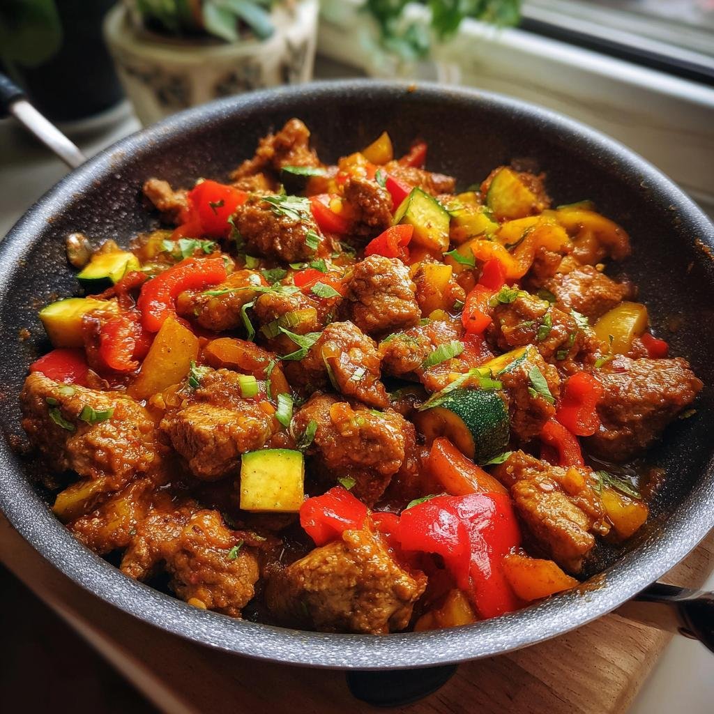 Einfaches Putengulasch mit Paprika und Zucchini in einer Pfanne, garniert mit frischen Kräutern.
