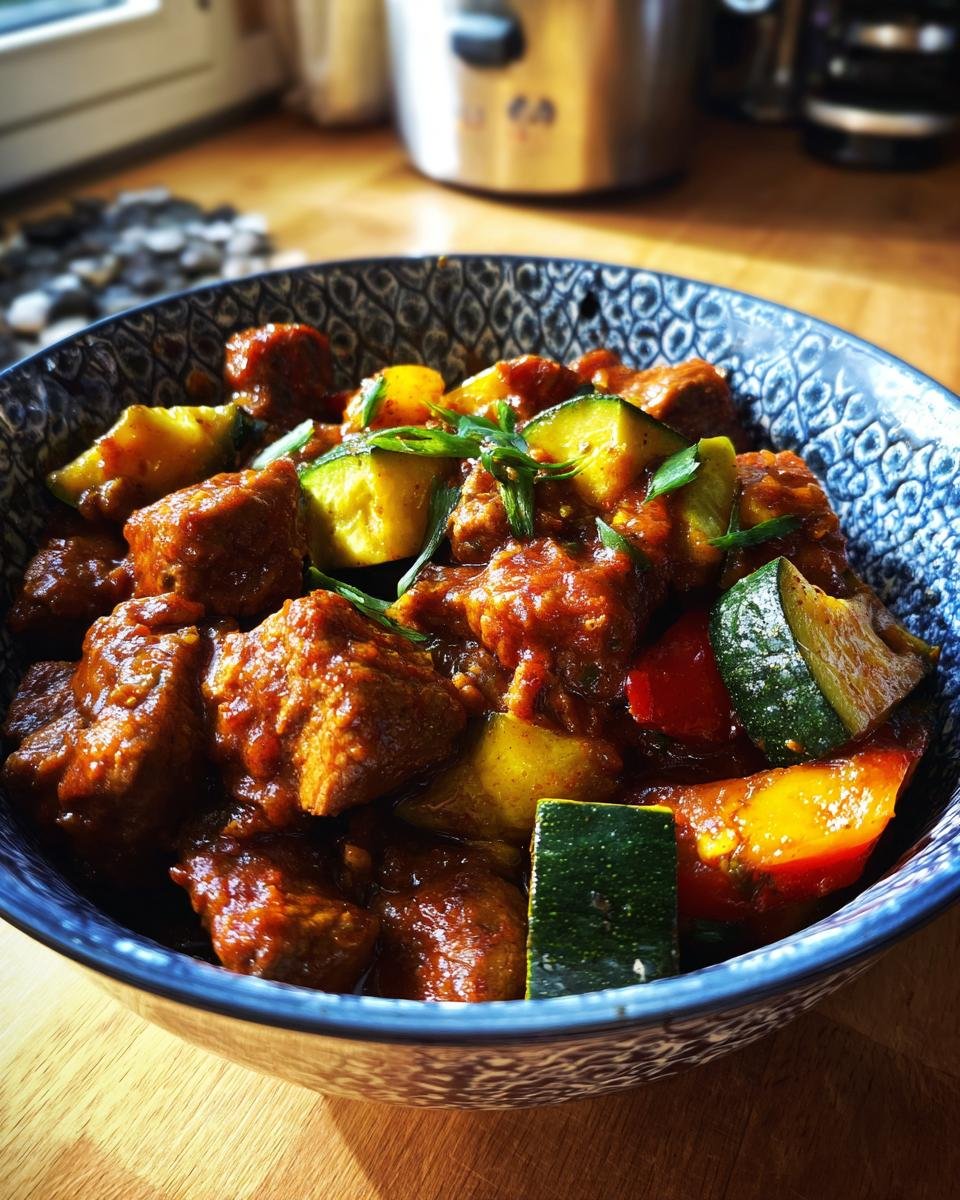 Einfaches Putengulasch mit Paprika und Zucchini in einer blauen Schüssel, garniert mit Schnittlauch.