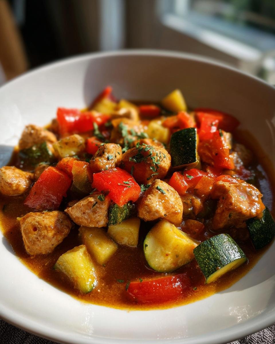 Eine Schüssel mit Einfaches Putengulasch mit Paprika und Zucchini, garniert mit Kräutern.
